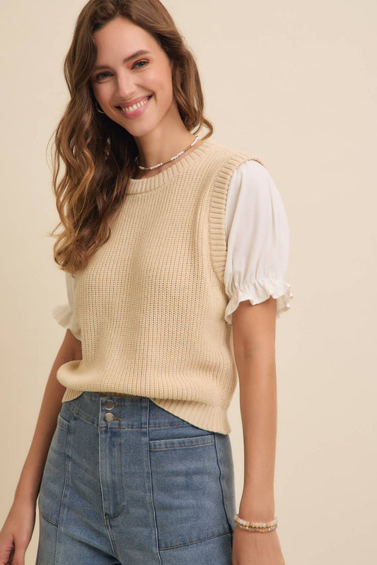SOFT BLEND OF COZY WOVEN PUFF SLEEVE SWEATER KNIT TOP