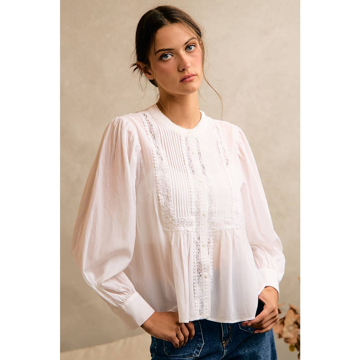PLEATED LACE TRIM BUTTON-UP BLOUSE