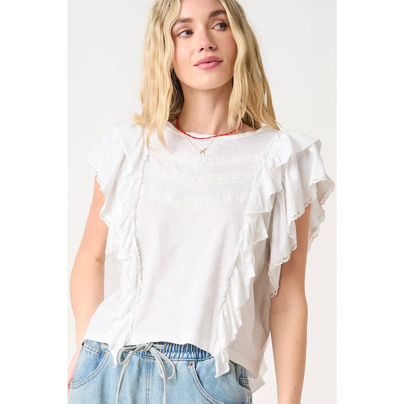 LACE AND RUFFLE ROUND NECK SHORT SLEEVE TOP