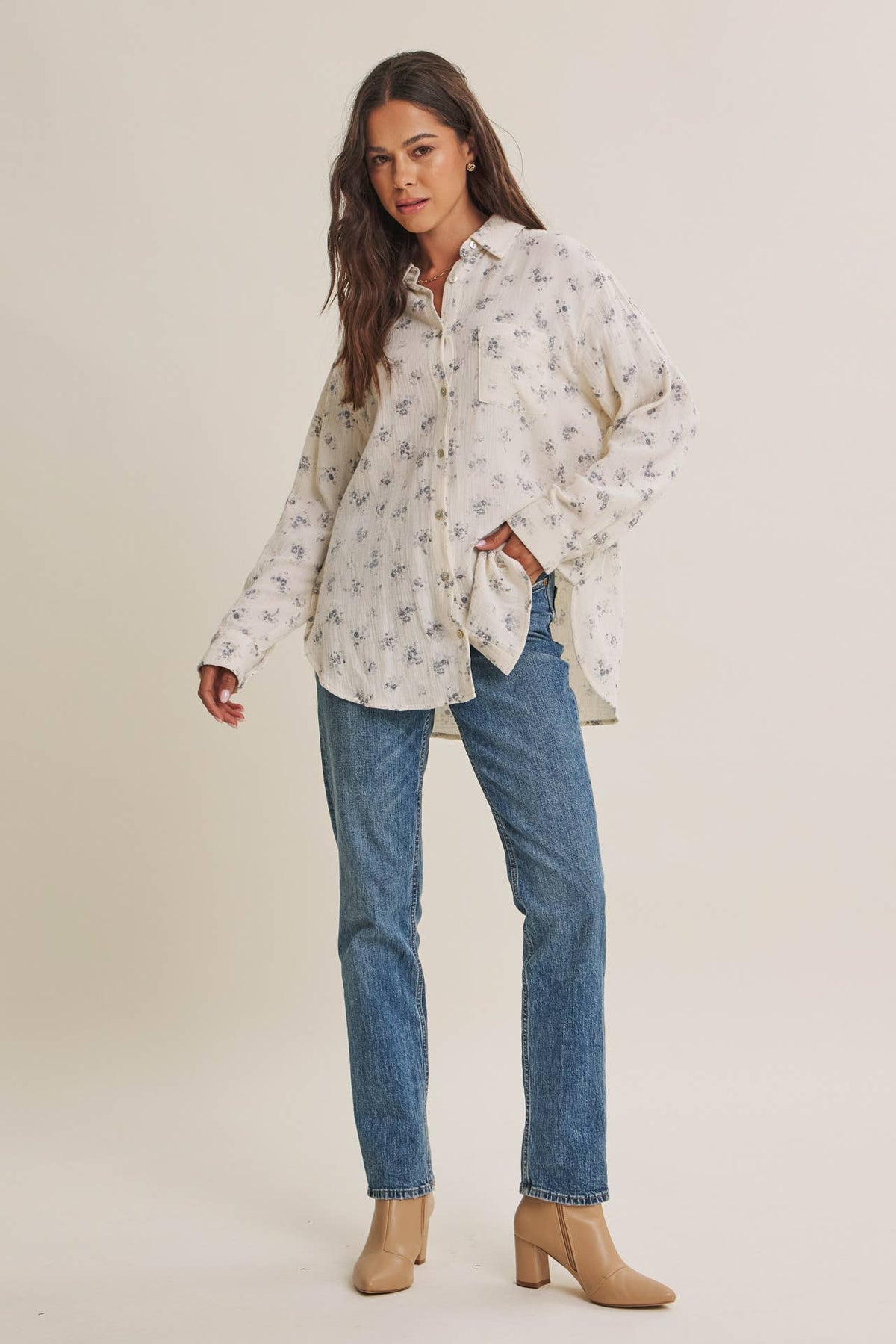 SOFT BREEZE FLORAL COTTON GAUZE RELAXED FIT SHIRT