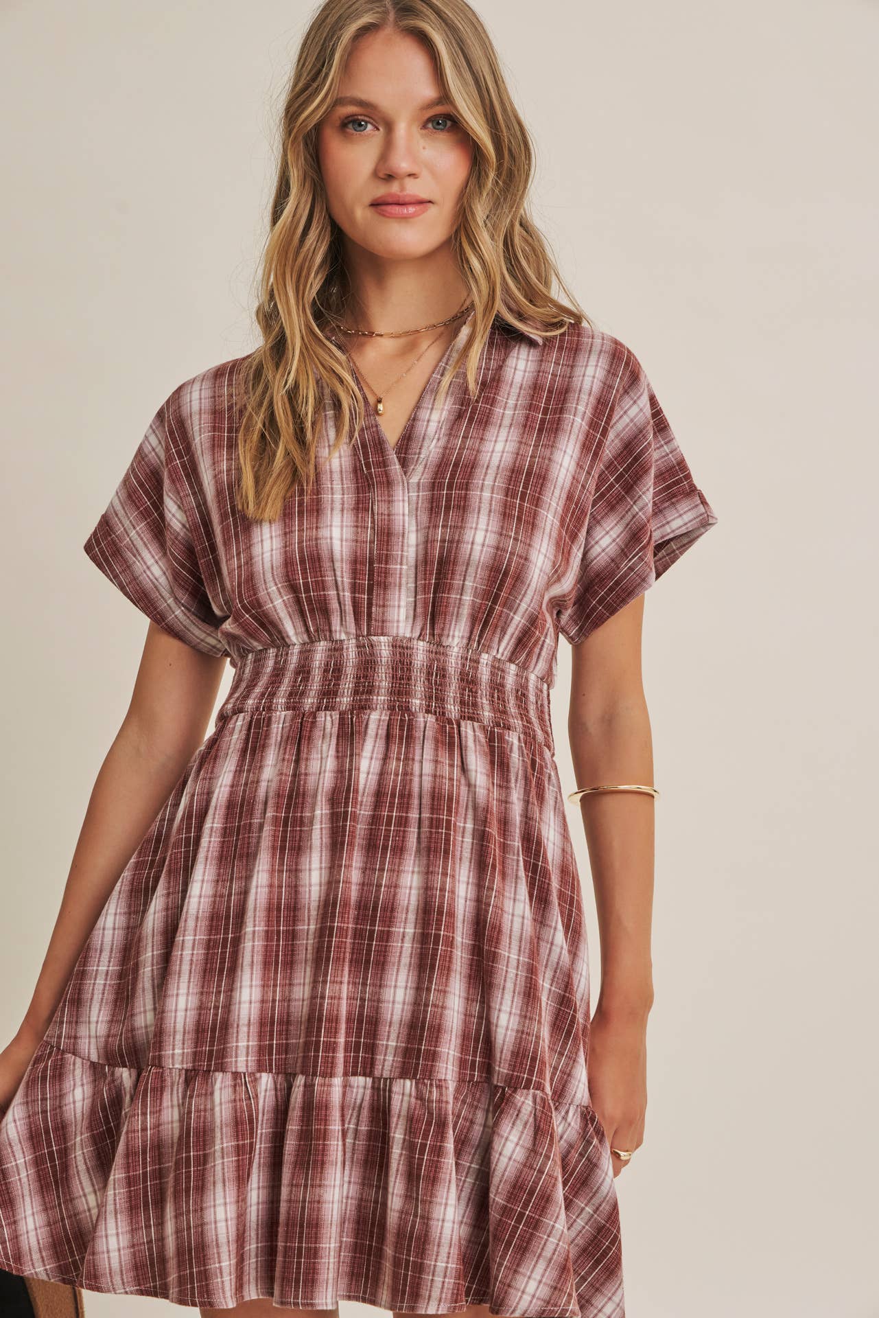 AUTUMN PICNIC DROP SHOULDER PLAID SMOCKED WAIST MINI DRESS