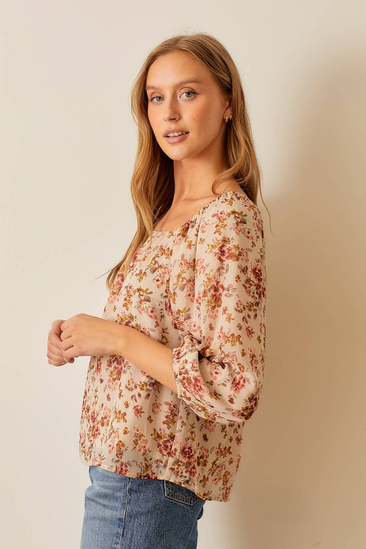 SQUARE NECK BURGUNDY FLORAL PRINT BLOUSE