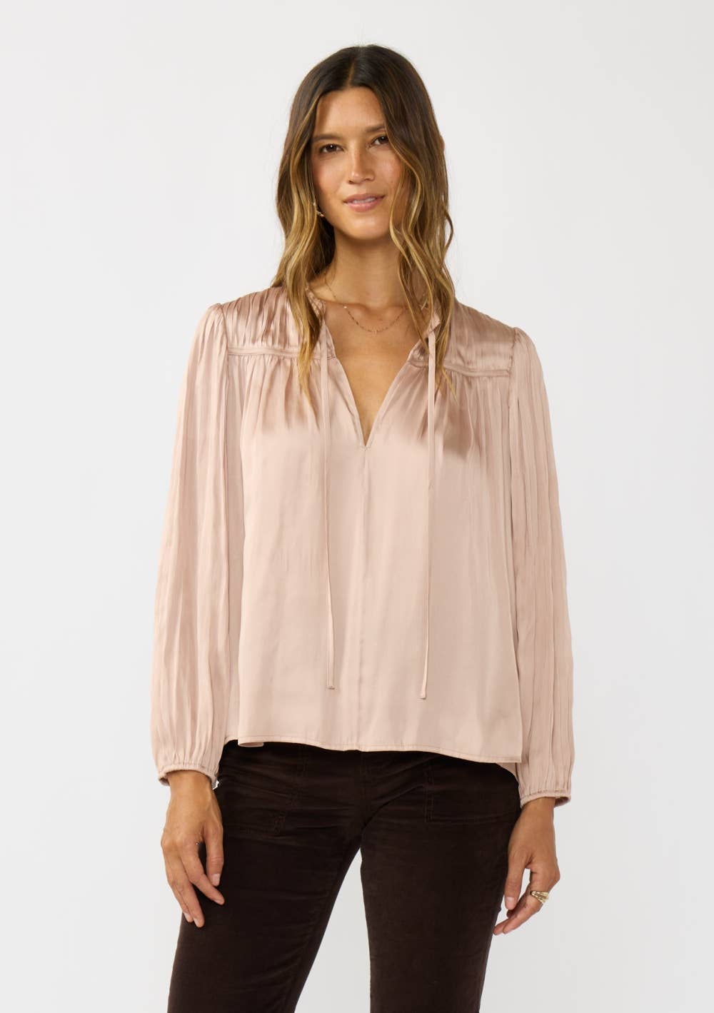 Split Neck Blush Pleated Satin Blouse