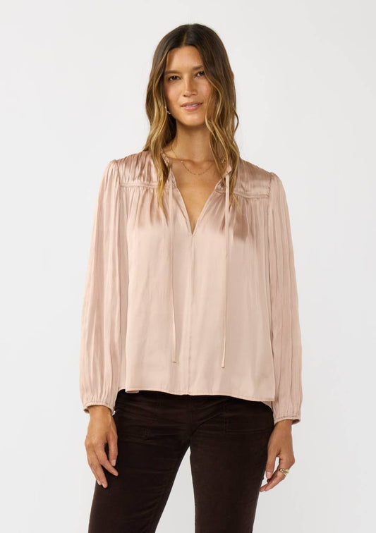 Split Neck Blush Pleated Satin Blouse