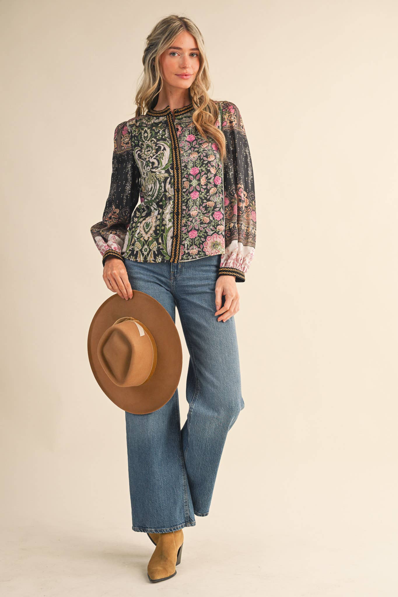 PATCHWORK PRINT CROCHET TRIM BUTTON DOWN TOP MTP4382