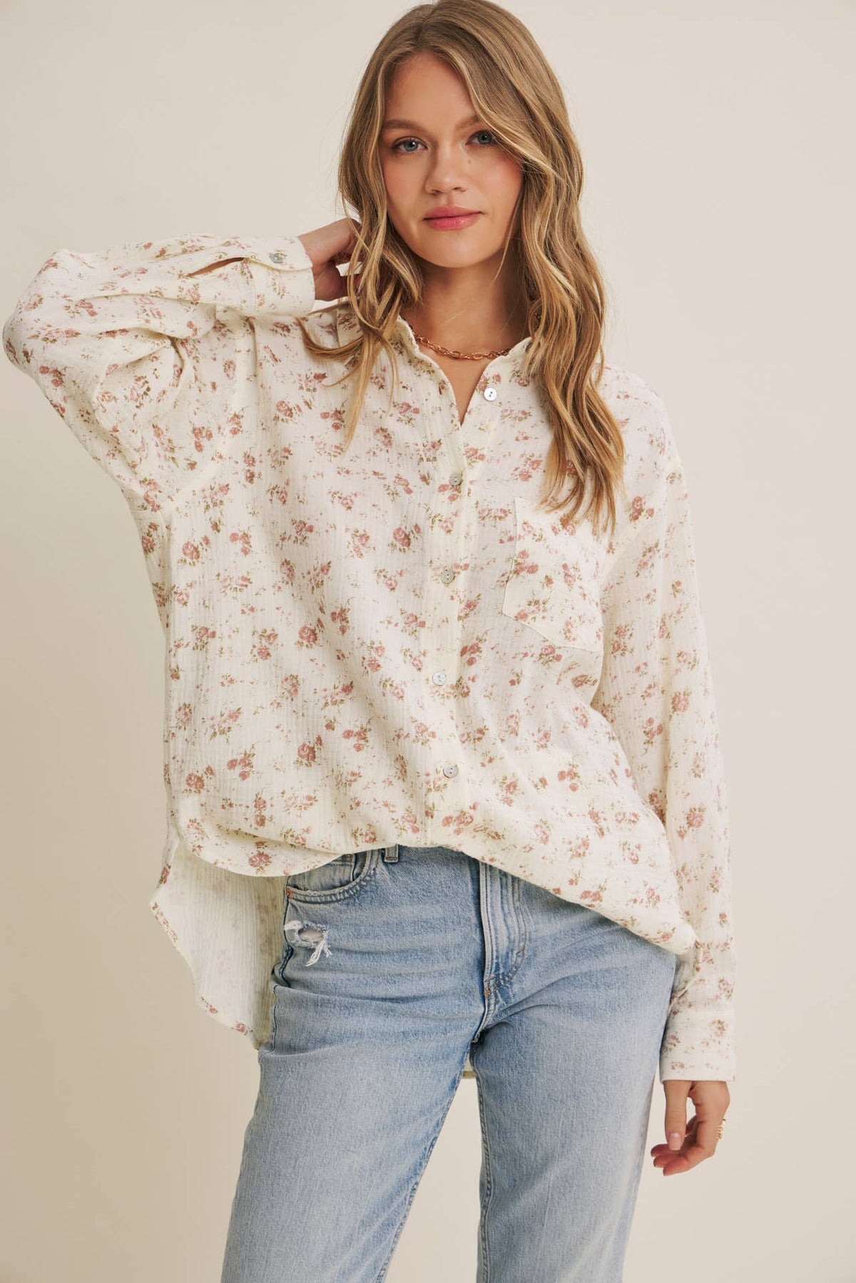SOFT BREEZE FLORAL COTTON GAUZE RELAXED FIT SHIRT