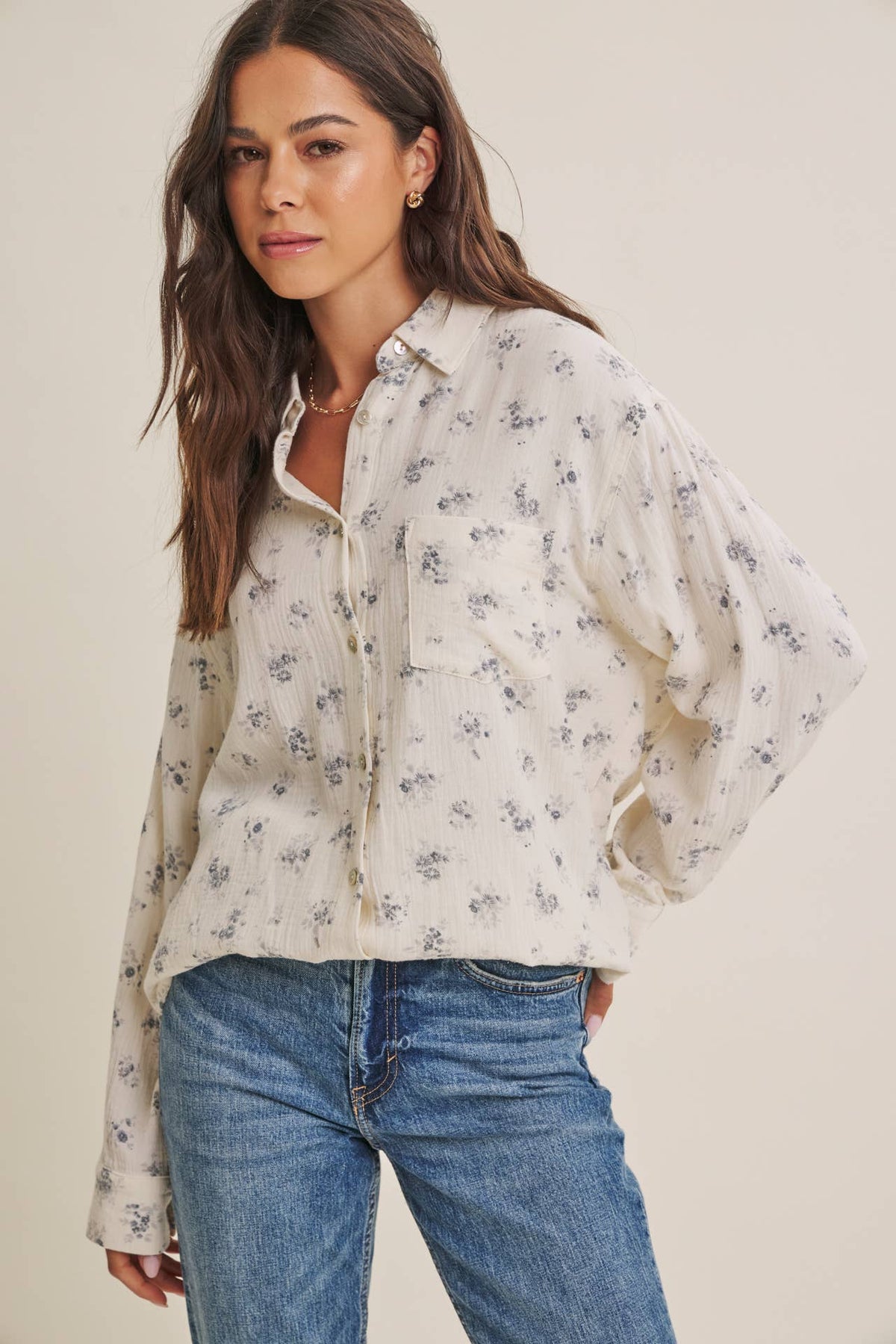 SOFT BREEZE FLORAL COTTON GAUZE RELAXED FIT SHIRT