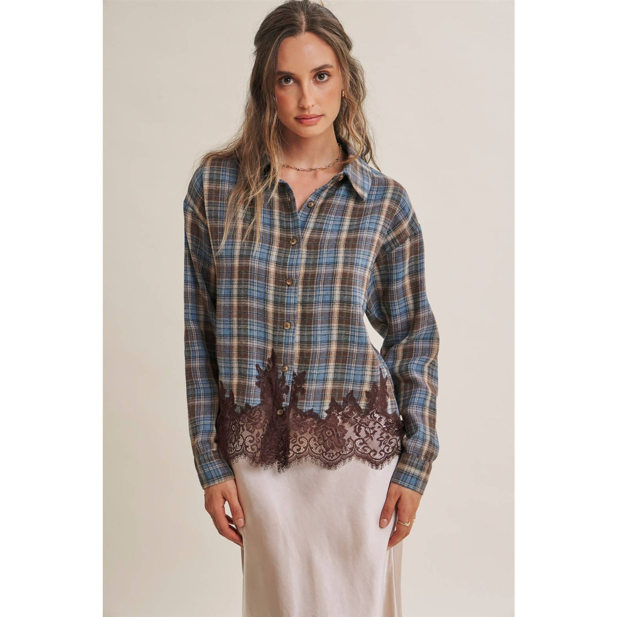 WESTERN ROMANTIC PLAID EYELASH LACE HEM BUTTON-DOWN SHIRT