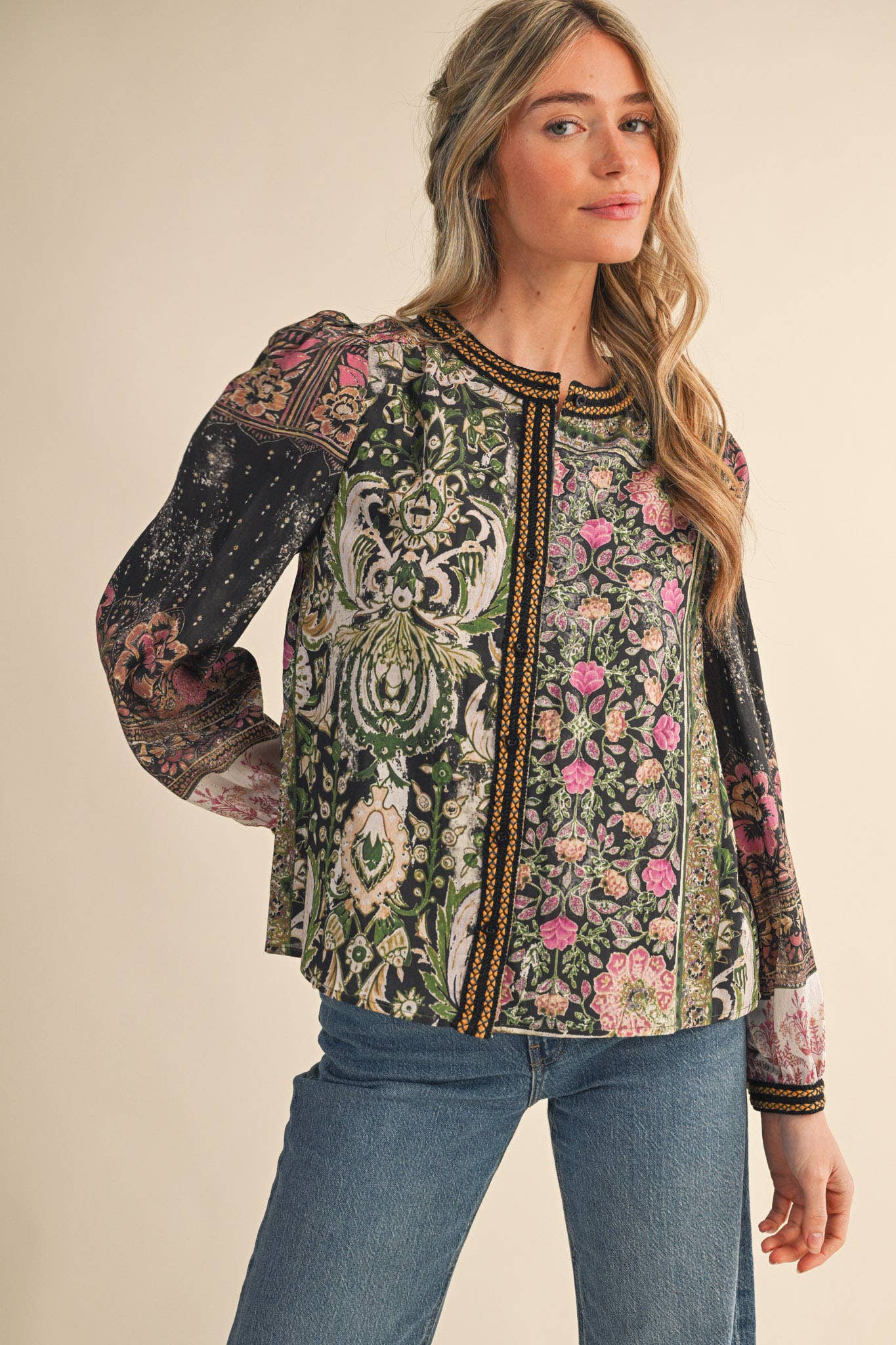 PATCHWORK PRINT CROCHET TRIM BUTTON DOWN TOP MTP4382
