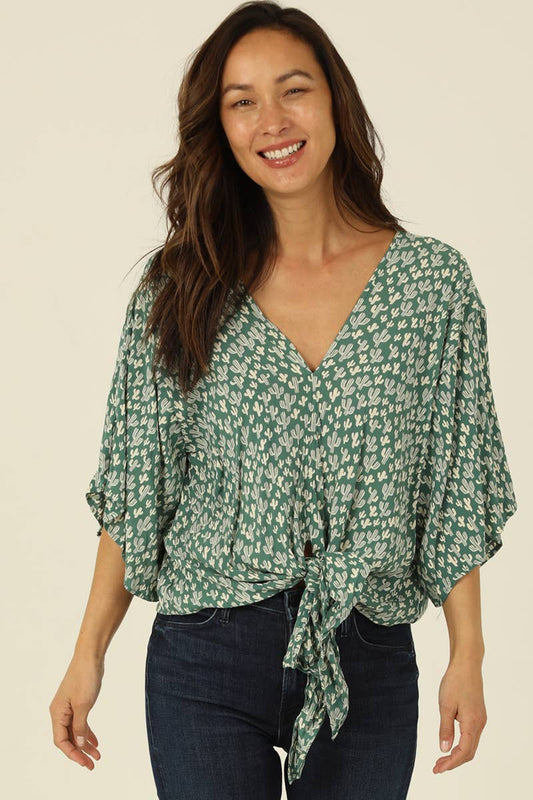 Cactus Print V-Neck Kimono Sleeve Top