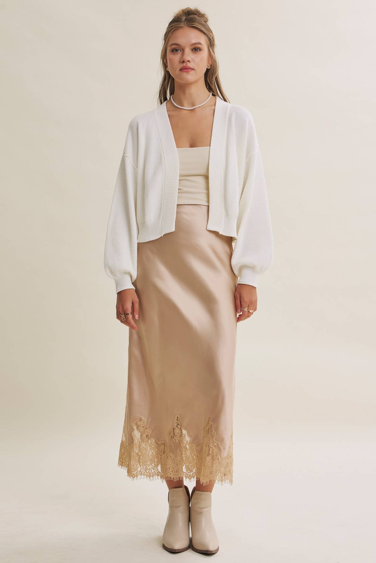 Champagne and French Lace Satin Midi Skirt