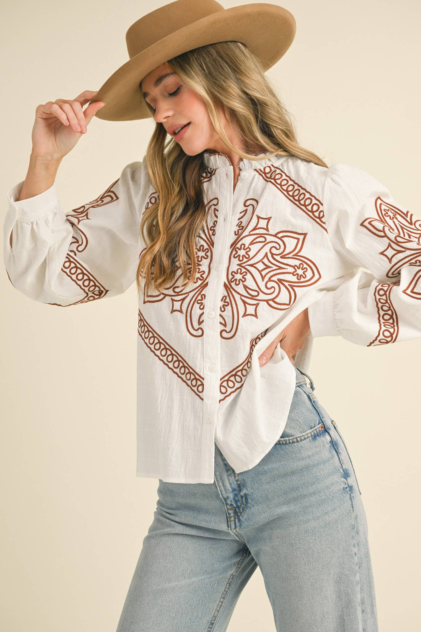 EMBROIDERED MOCK NECK BUTTON UP TOP MTP3336