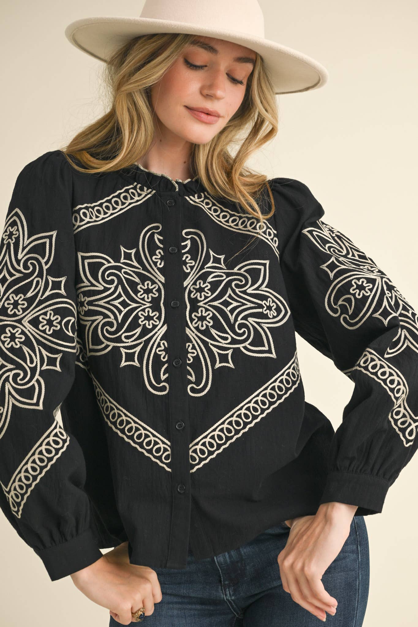 EMBROIDERED MOCK NECK BUTTON UP TOP MTP3336