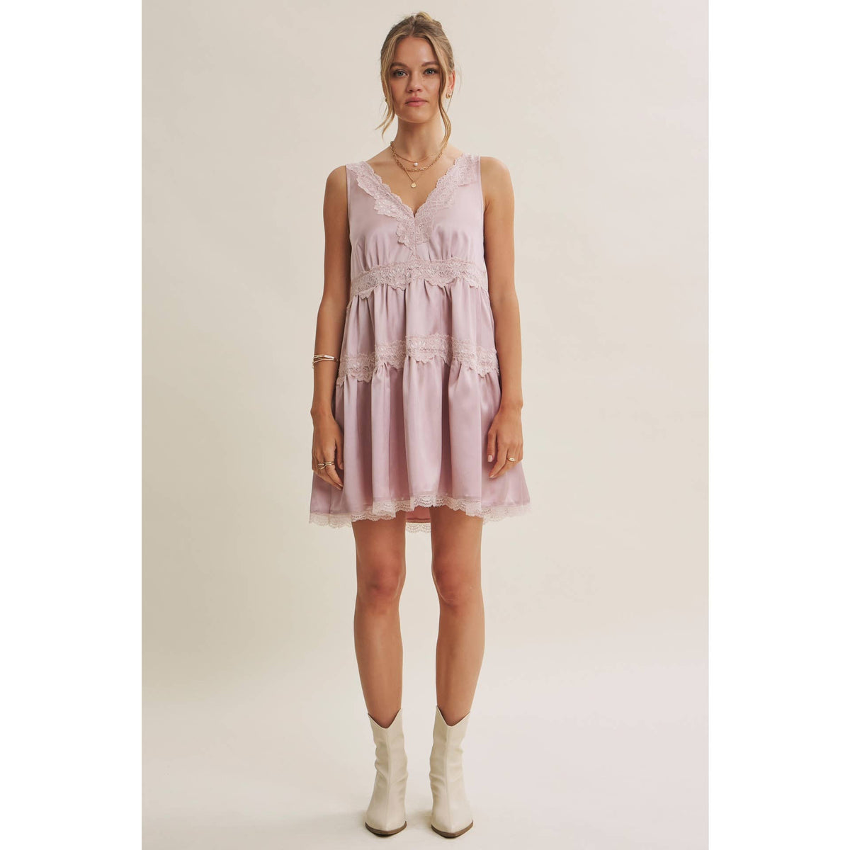 Love Letter Scallop Lace & Silky Satin Tiered Mini Dress