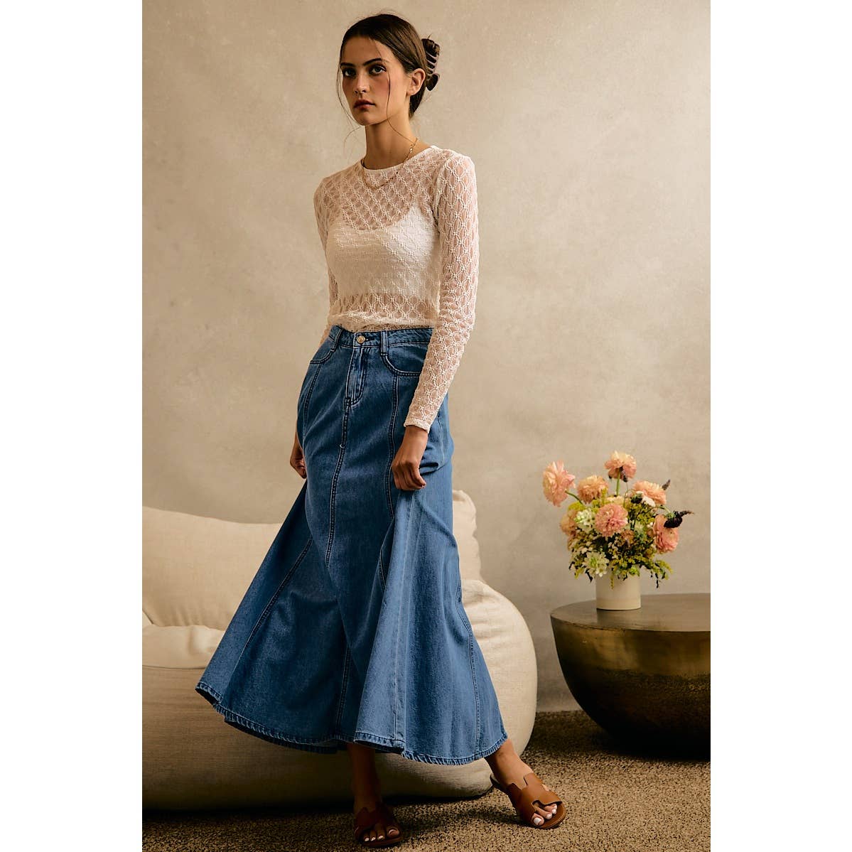PLEATED DENIM WASHED WIDE FLOWY FIT MAXI SKIRT