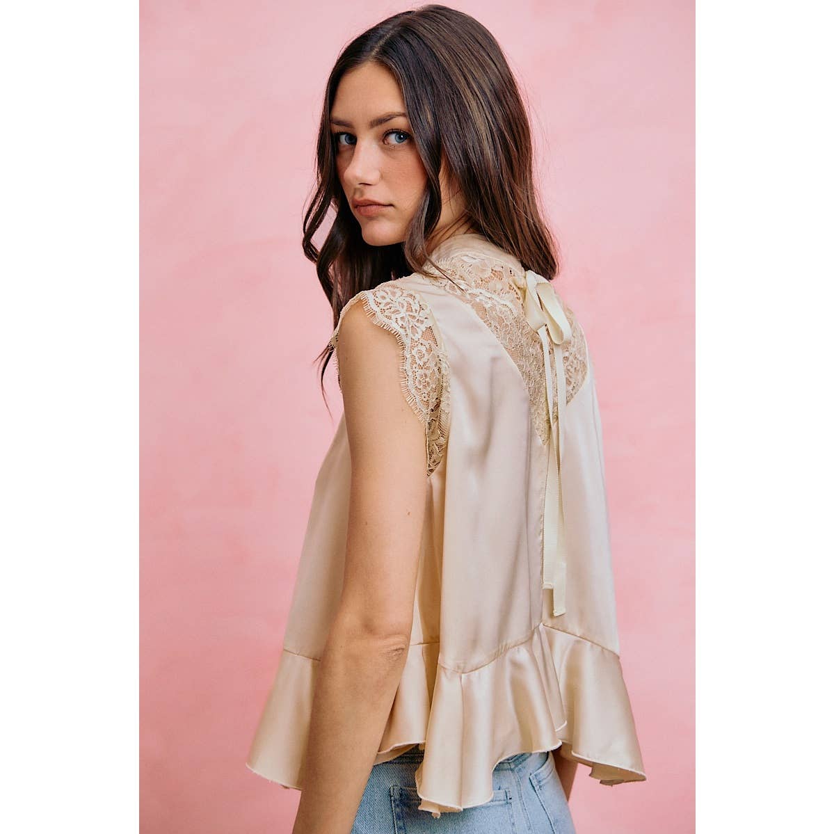 SATIN MOCK NECK LACE TRIM PEPLUM BLOUSE TOP: CREAM / S