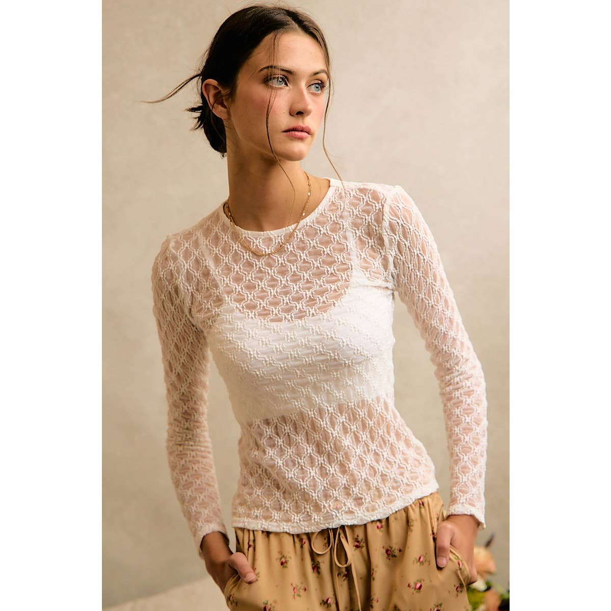 ROMANTIC FLORAL STRETCH LACE LONG SLEEVE TOP