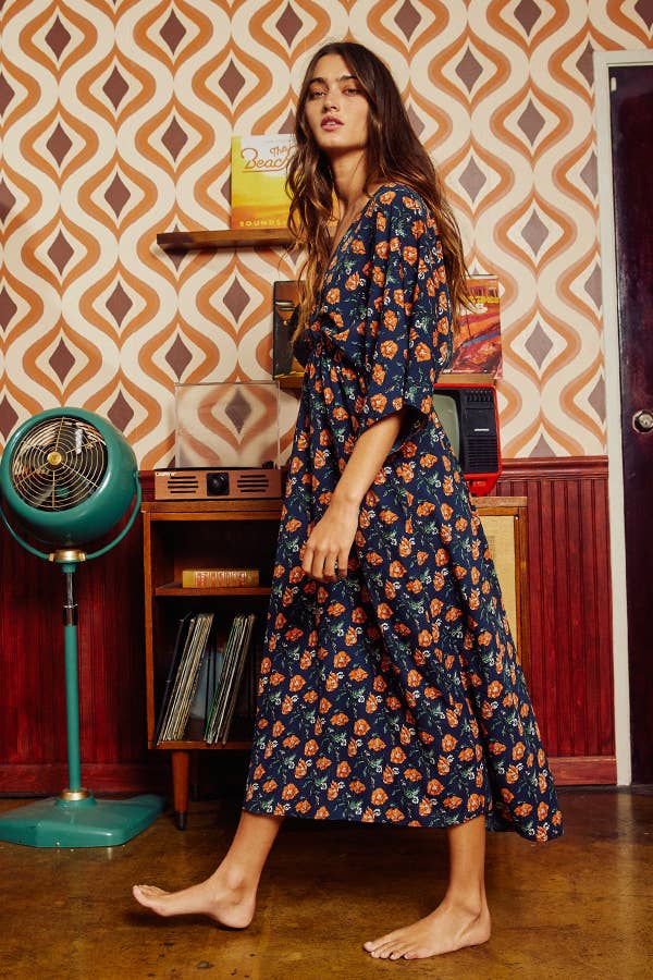 Navy & Rust Floral Printed V-neck Kimono Style Midi Dress