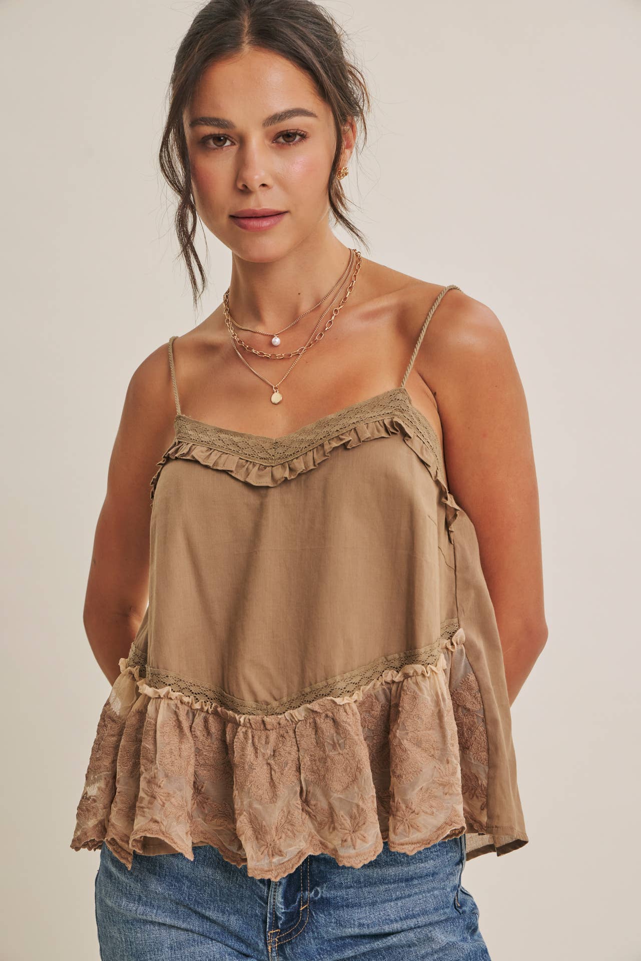 Soft Cotton Flare Camisole with Embroidered Lace