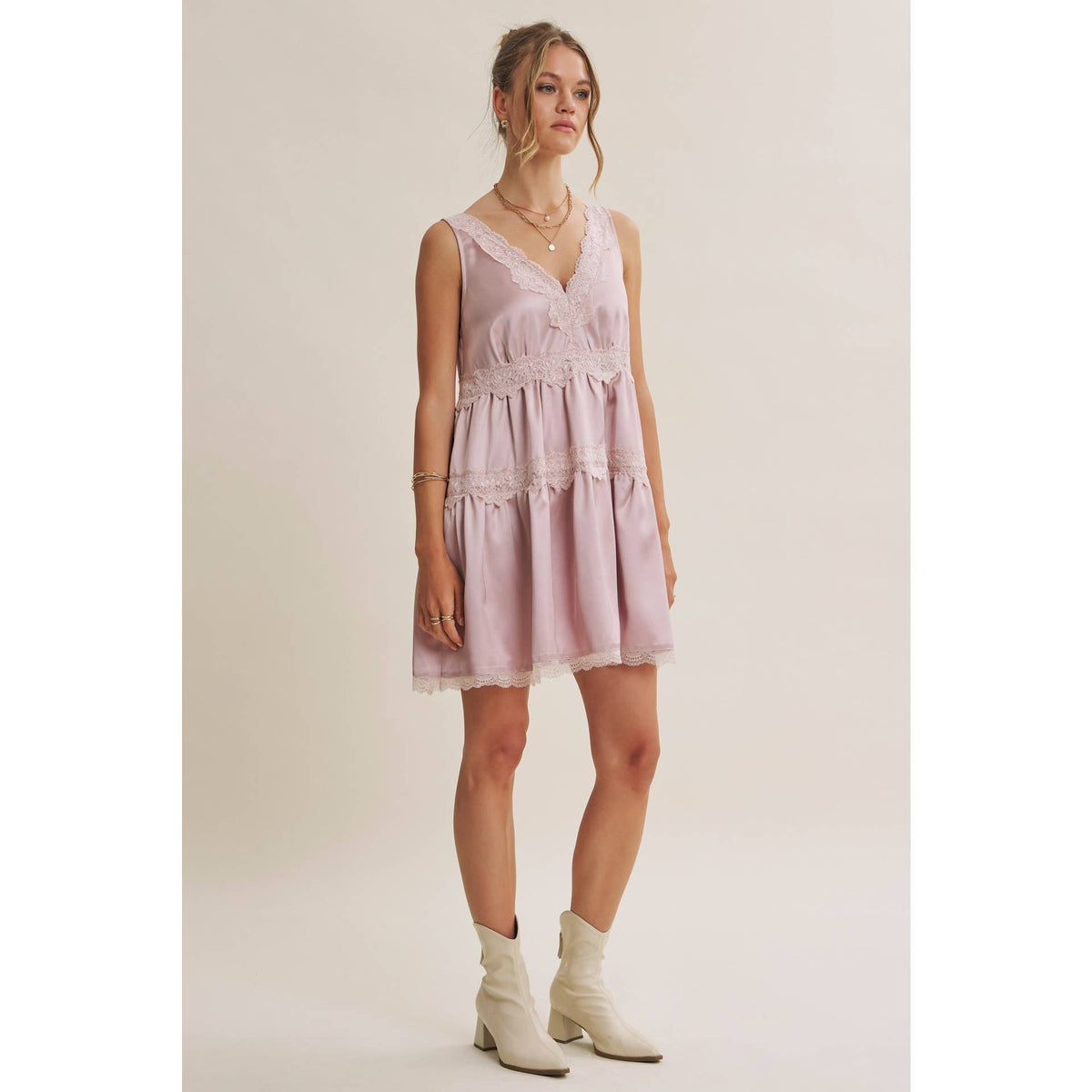 Love Letter Scallop Lace & Silky Satin Tiered Mini Dress
