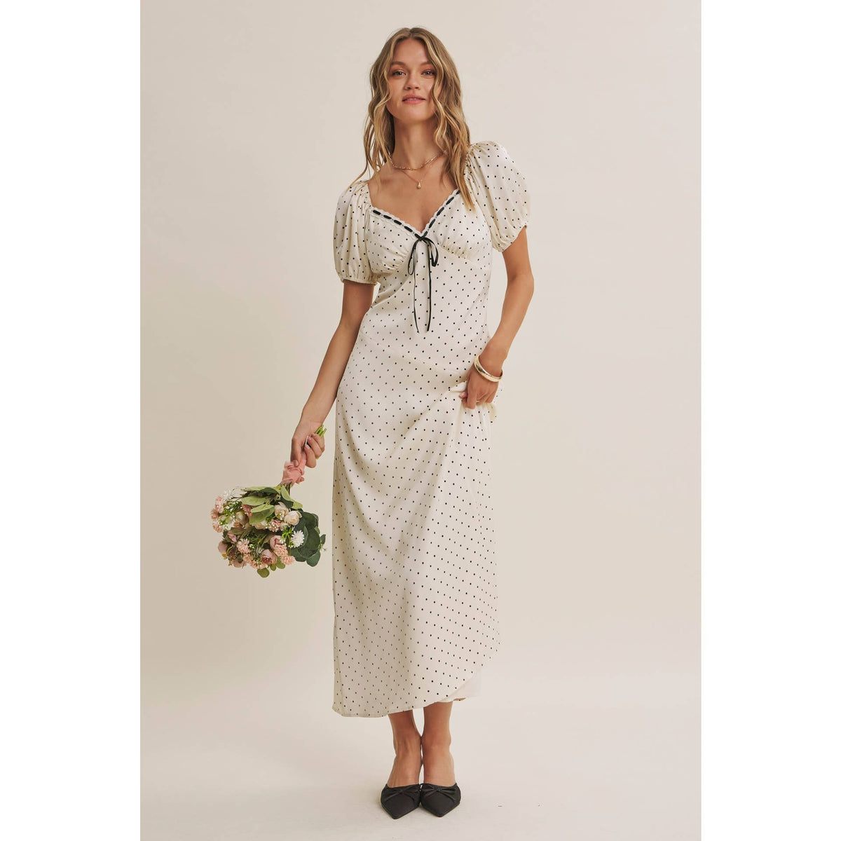 Vintage Paris Flowy Fit & Flare Polka Dot Satin Midi Dress-Ivory/Black