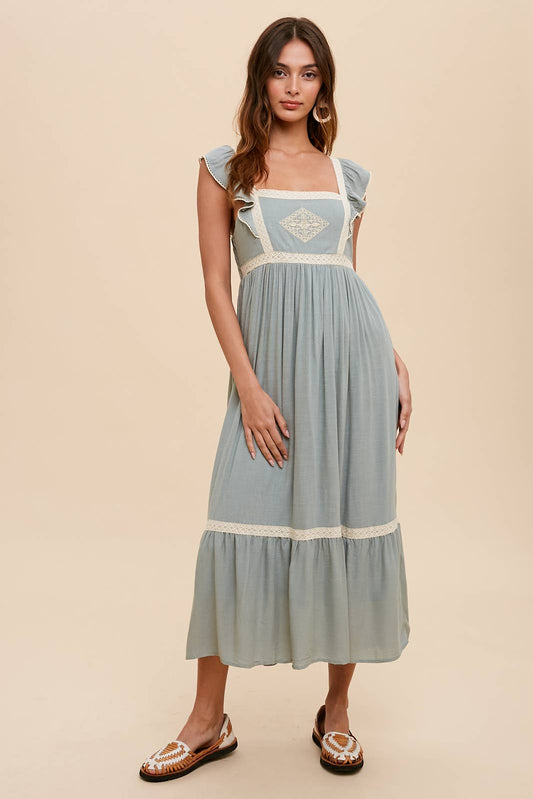 Embroidered Lace Trim Apron Dress-Sage
