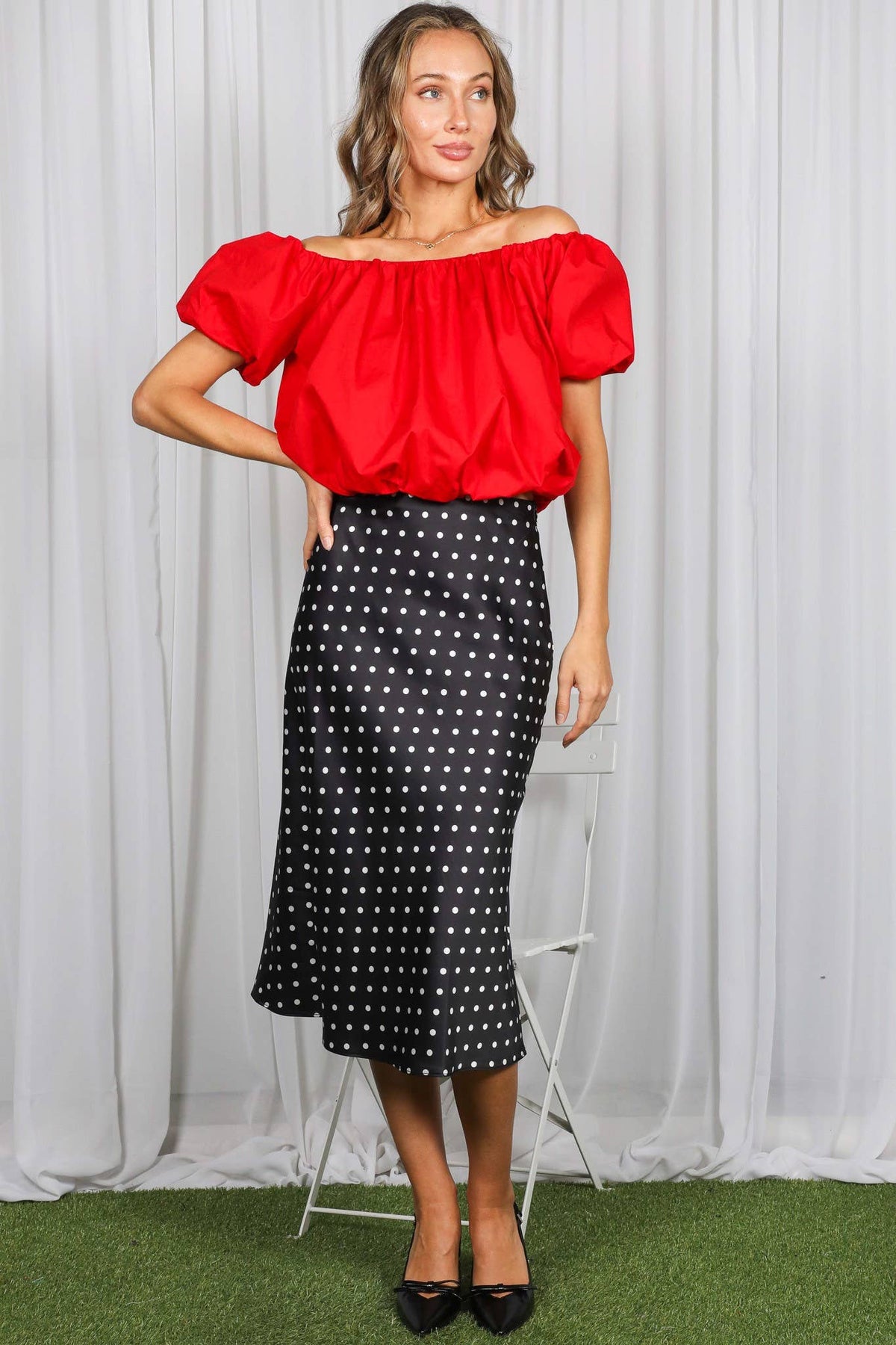 Polka Dot Print Bias Cut Satin Midi Skirt