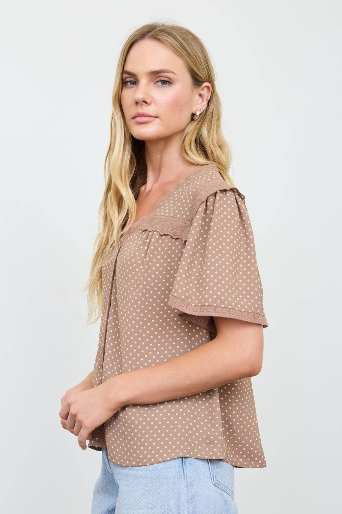 POLKA DOT LACE SQUARE COLLAR SHORT SLEEVE BLOUSE
