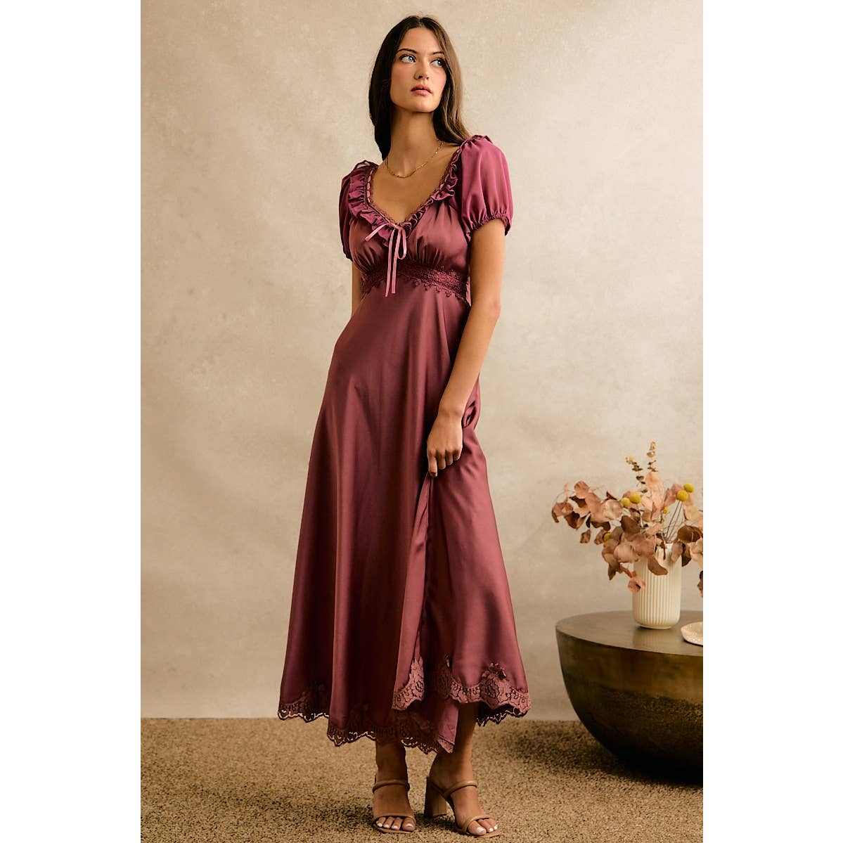 V NECK RUFFLE SLIP SATIN MAXI DRESS