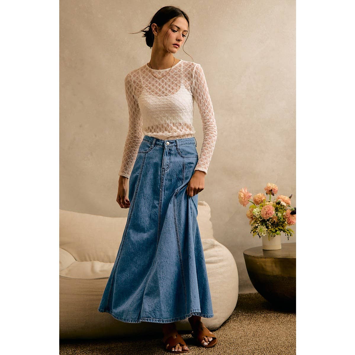 PLEATED DENIM WASHED WIDE FLOWY FIT MAXI SKIRT