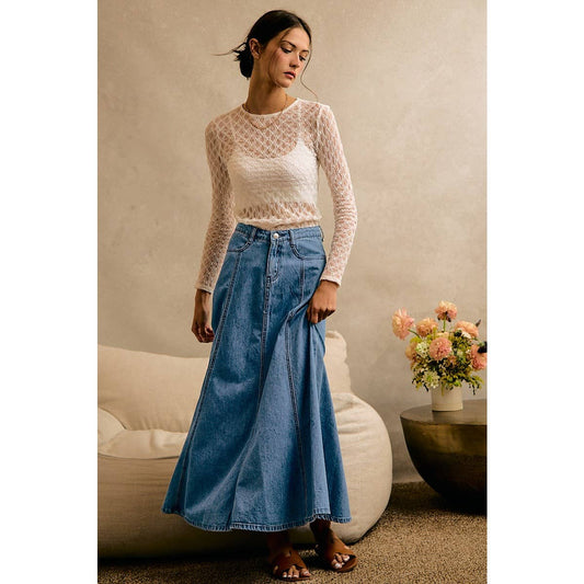 PLEATED DENIM WASHED WIDE FLOWY FIT MAXI SKIRT