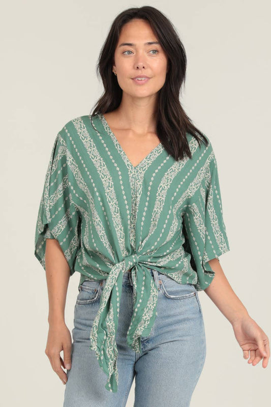 V-neck Kimono Sleeve Tie Waist Top-Green/White Floral Stripe