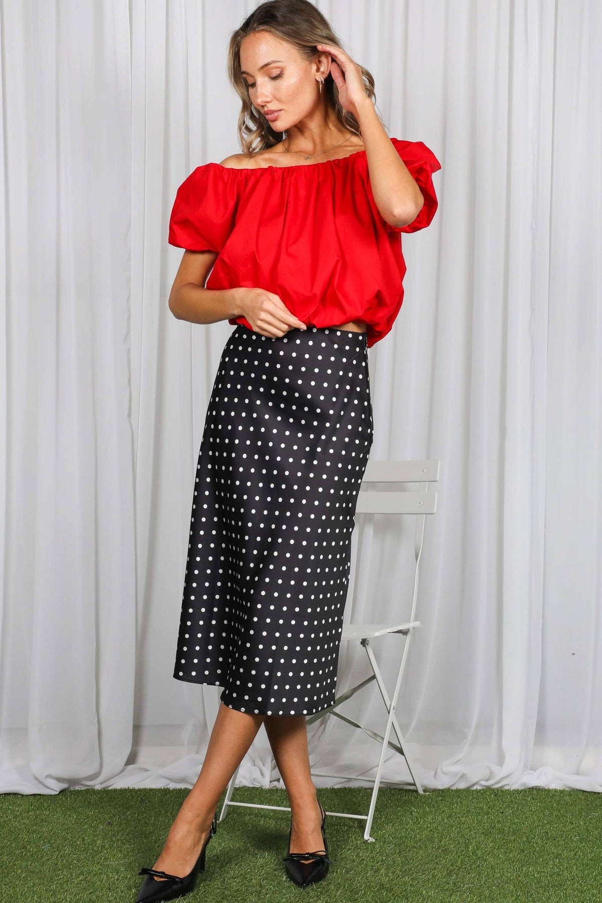 Polka Dot Print Bias Cut Satin Midi Skirt