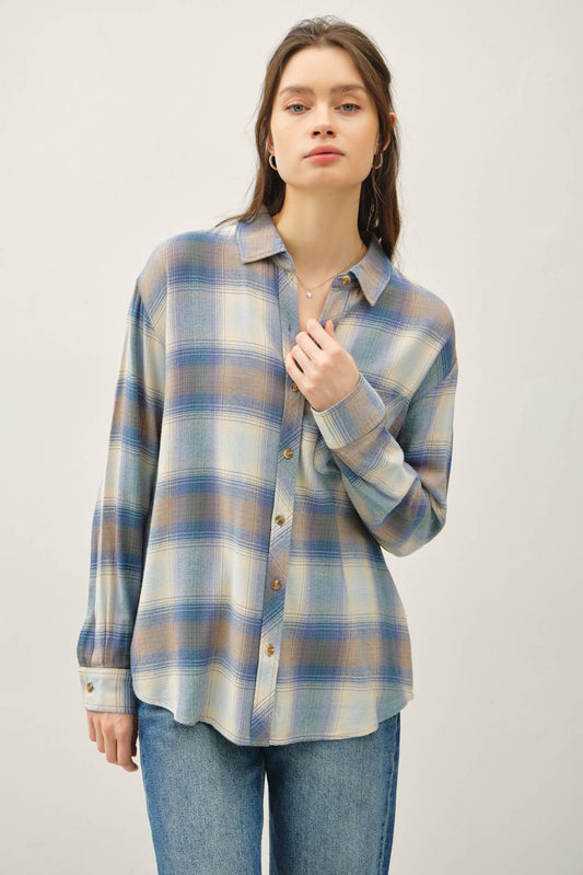 Blue, Taupe and Cream Vintage Plaid Button-Up