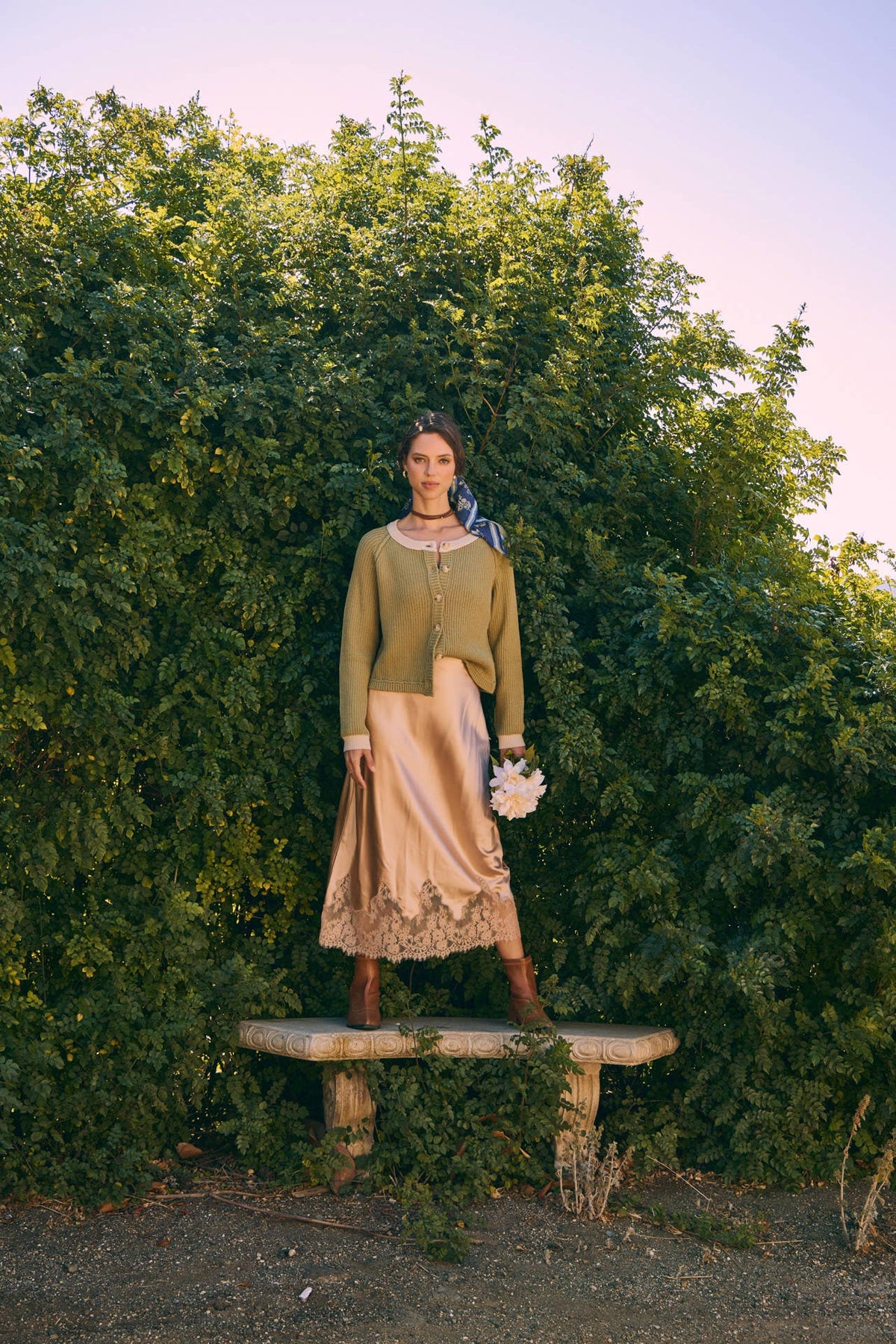 Champagne and French Lace Satin Midi Skirt