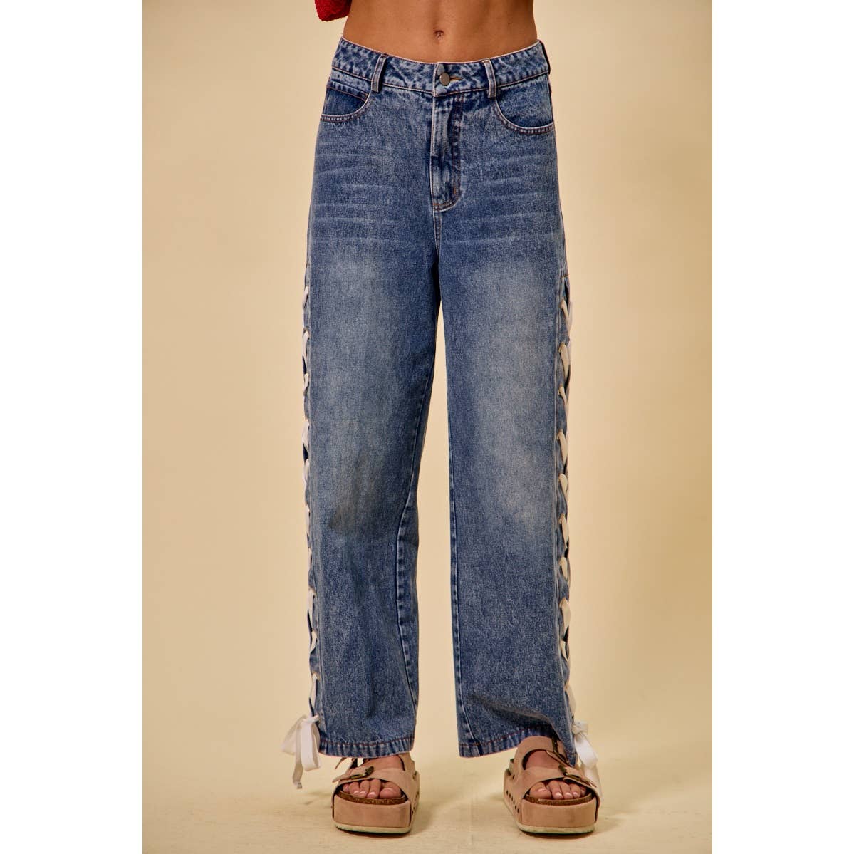 MID RISE STRAIGHT LEG DENIM SIDE LACE UP JEANS