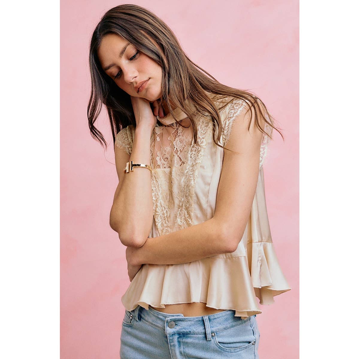 SATIN MOCK NECK LACE TRIM PEPLUM BLOUSE TOP: CREAM / S