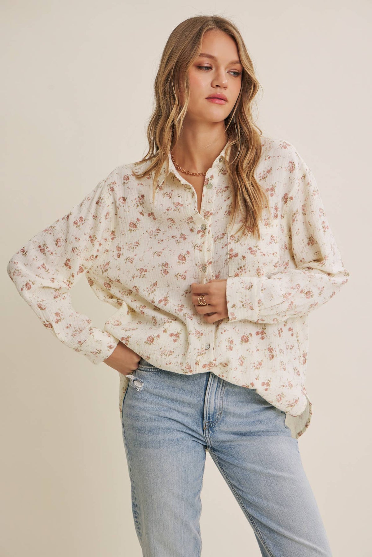 SOFT BREEZE FLORAL COTTON GAUZE RELAXED FIT SHIRT