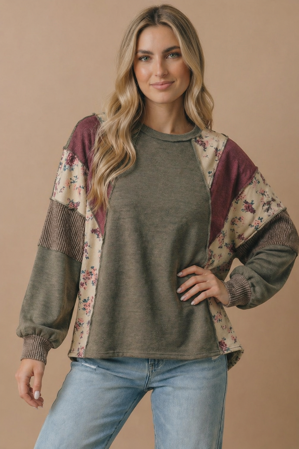 Mixed Media Patchwork Pullover Knit Top