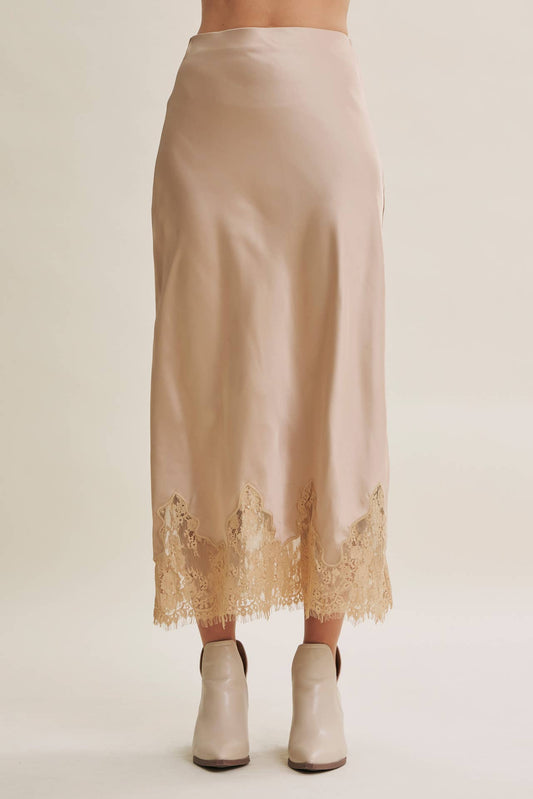 Champagne and French Lace Satin Midi Skirt