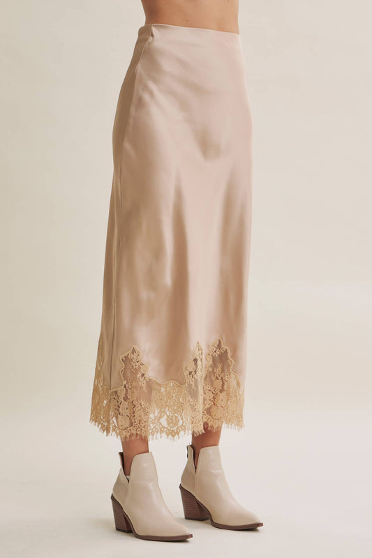 Champagne and French Lace Satin Midi Skirt