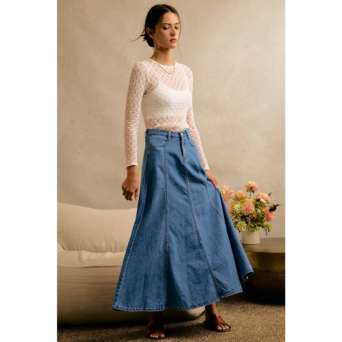 PLEATED DENIM WASHED WIDE FLOWY FIT MAXI SKIRT