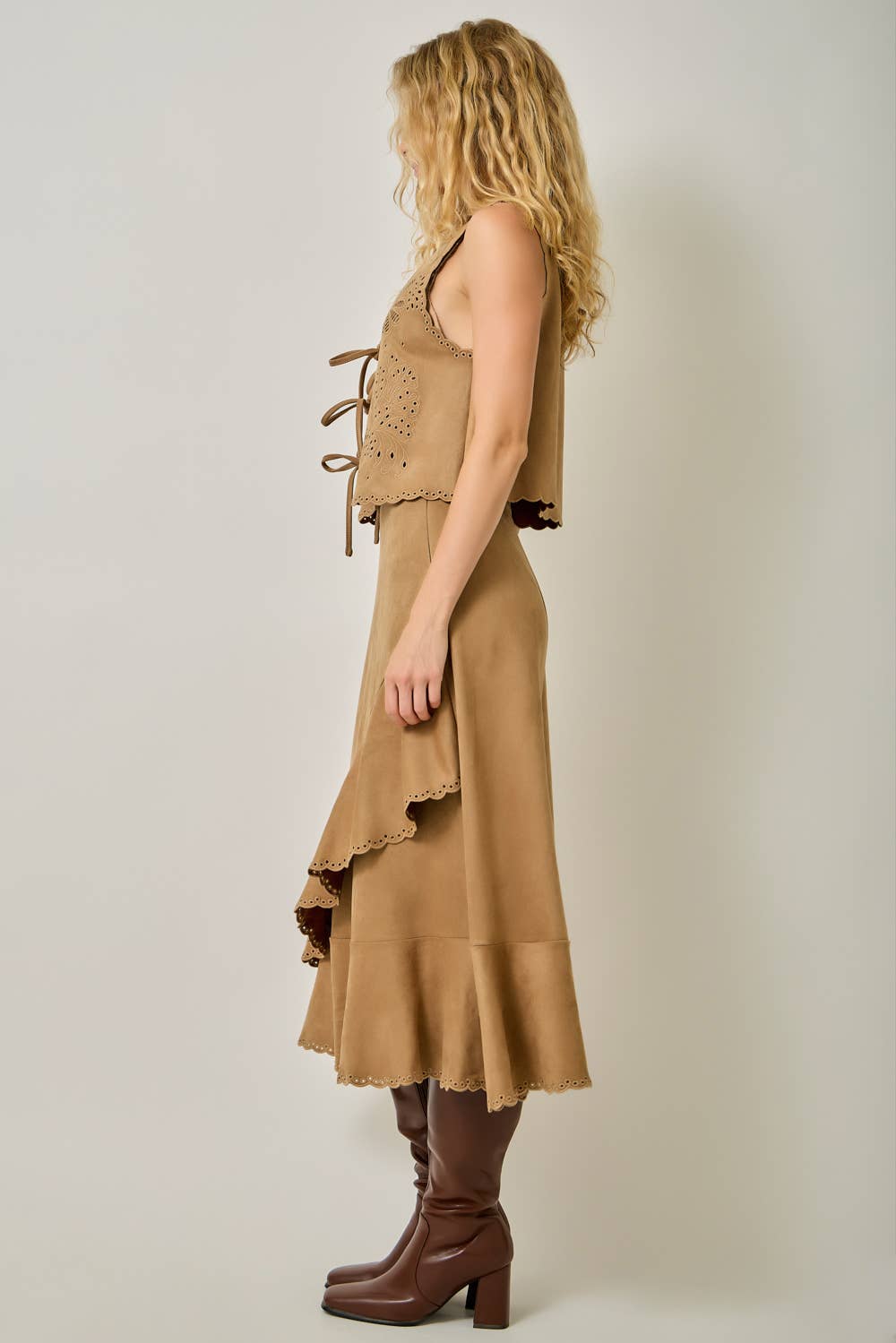 Suede Embroidered Ruffle Midi Skirt
