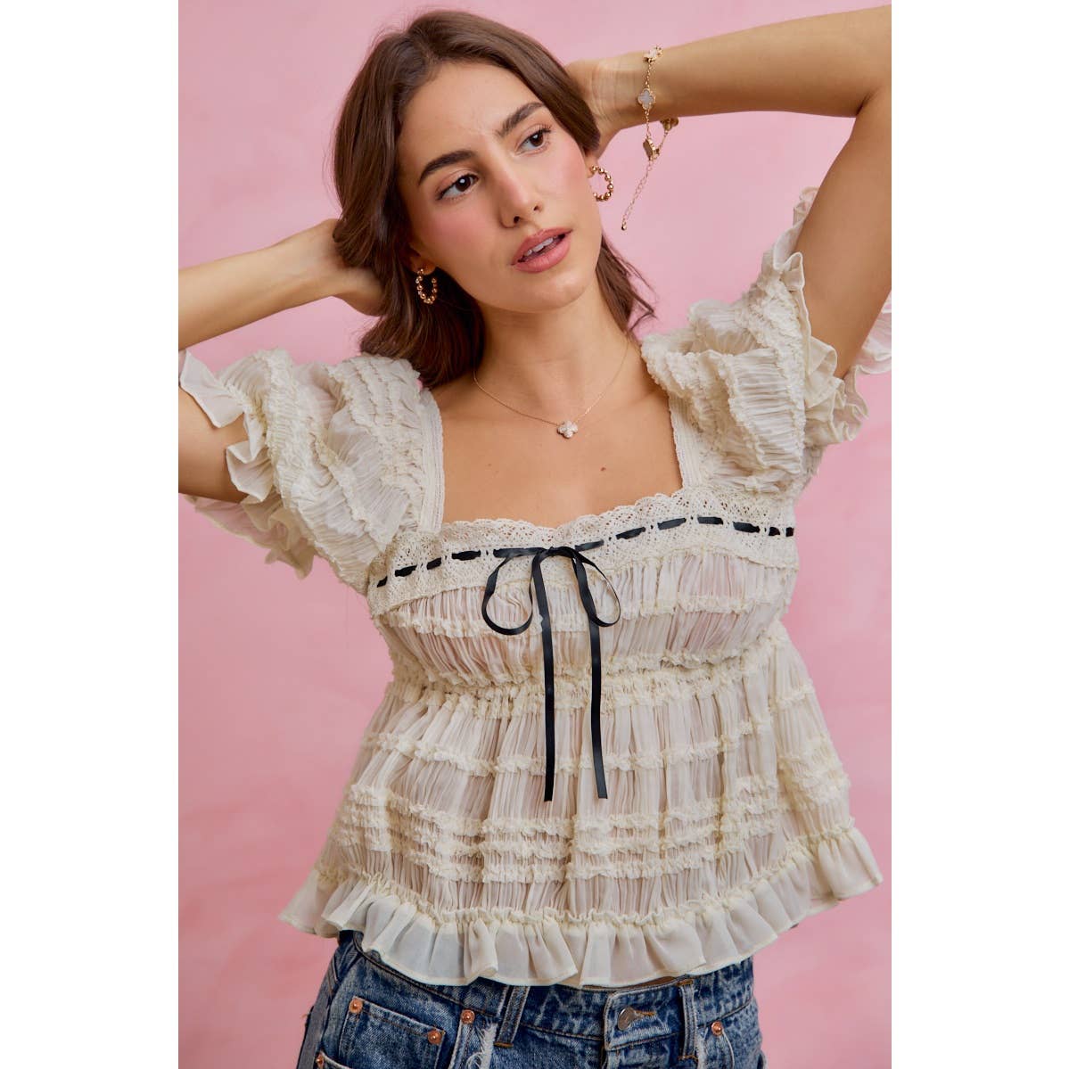 SHIRRED LACE RUFFLE PUFF SLEEVE BLOUSE TOP