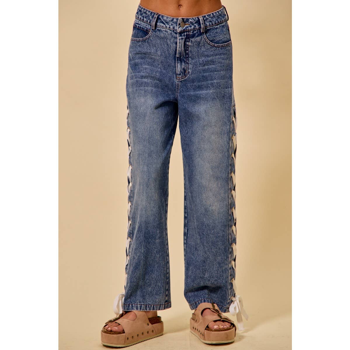 MID RISE STRAIGHT LEG DENIM SIDE LACE UP JEANS