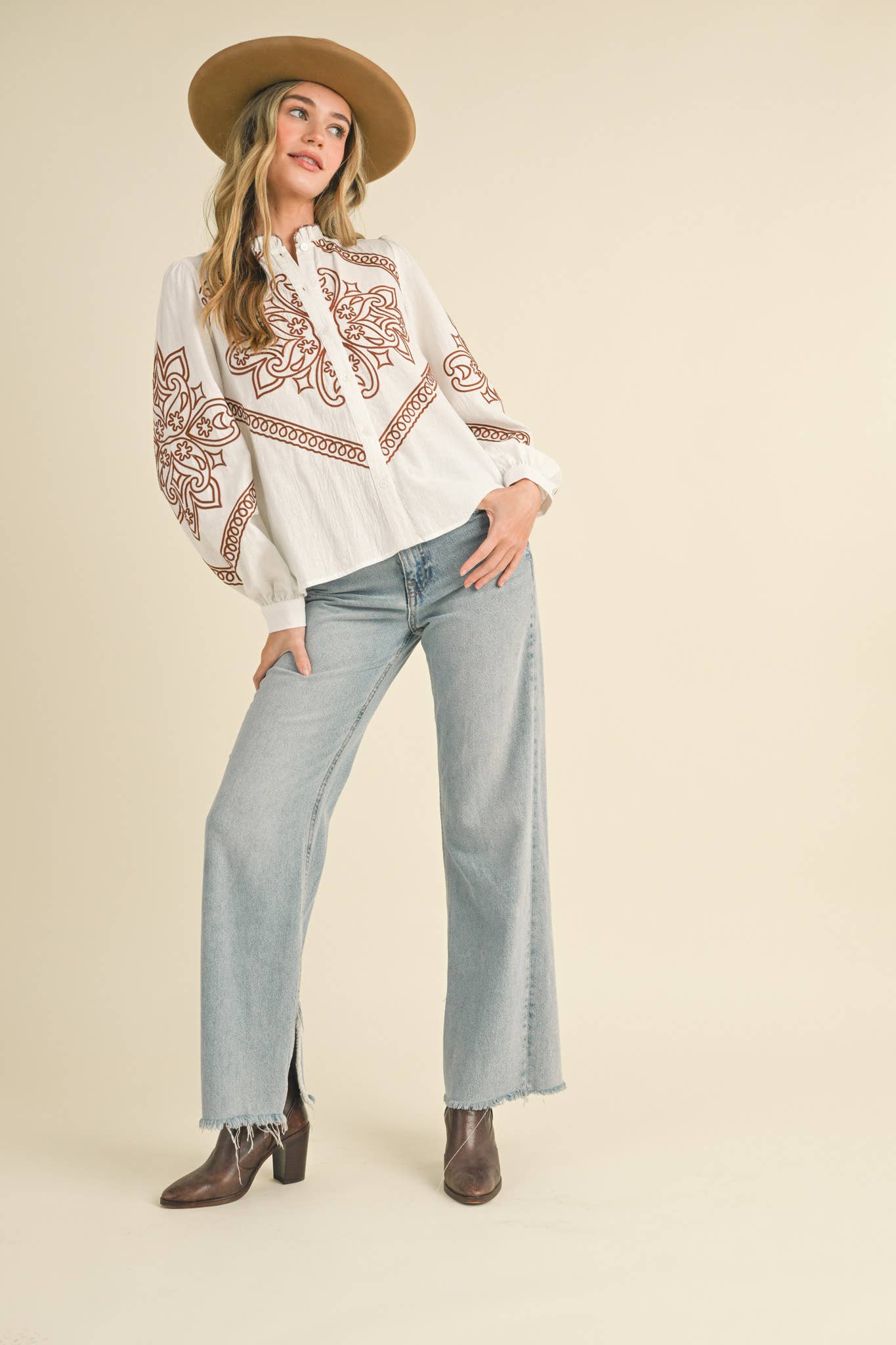 EMBROIDERED MOCK NECK BUTTON UP TOP MTP3336