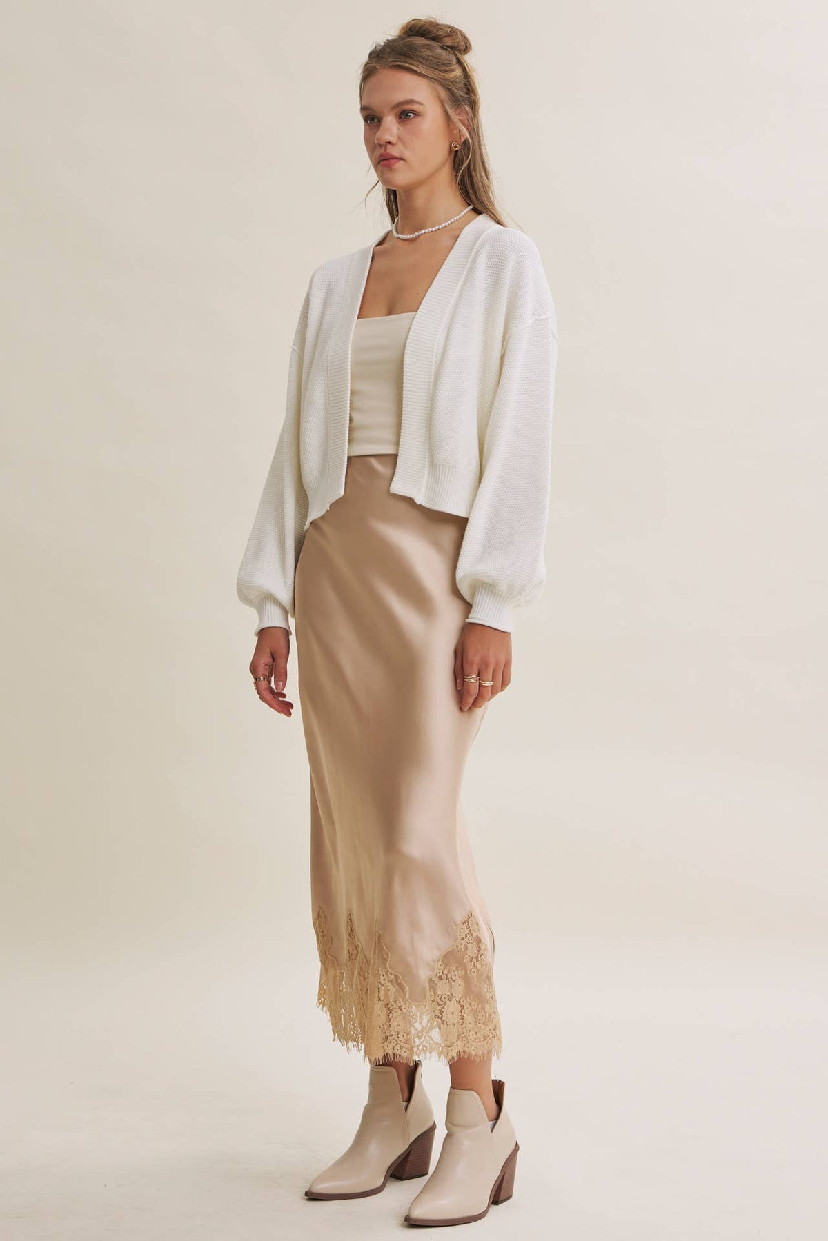 Champagne and French Lace Satin Midi Skirt