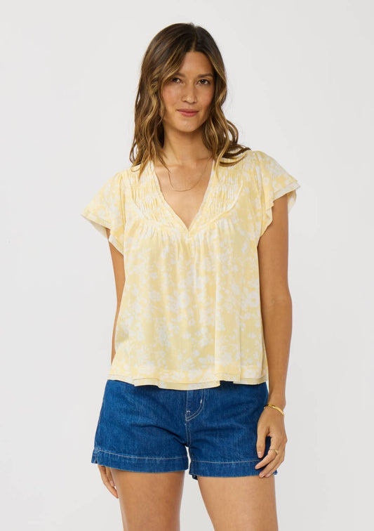 Flutter Sleeve V-Neck Floral Top-Butter Yellow