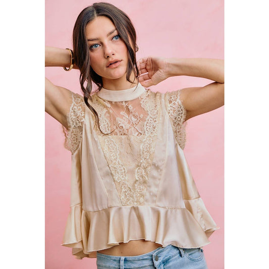 Satin Mock Neck Lace Details Peplum Top