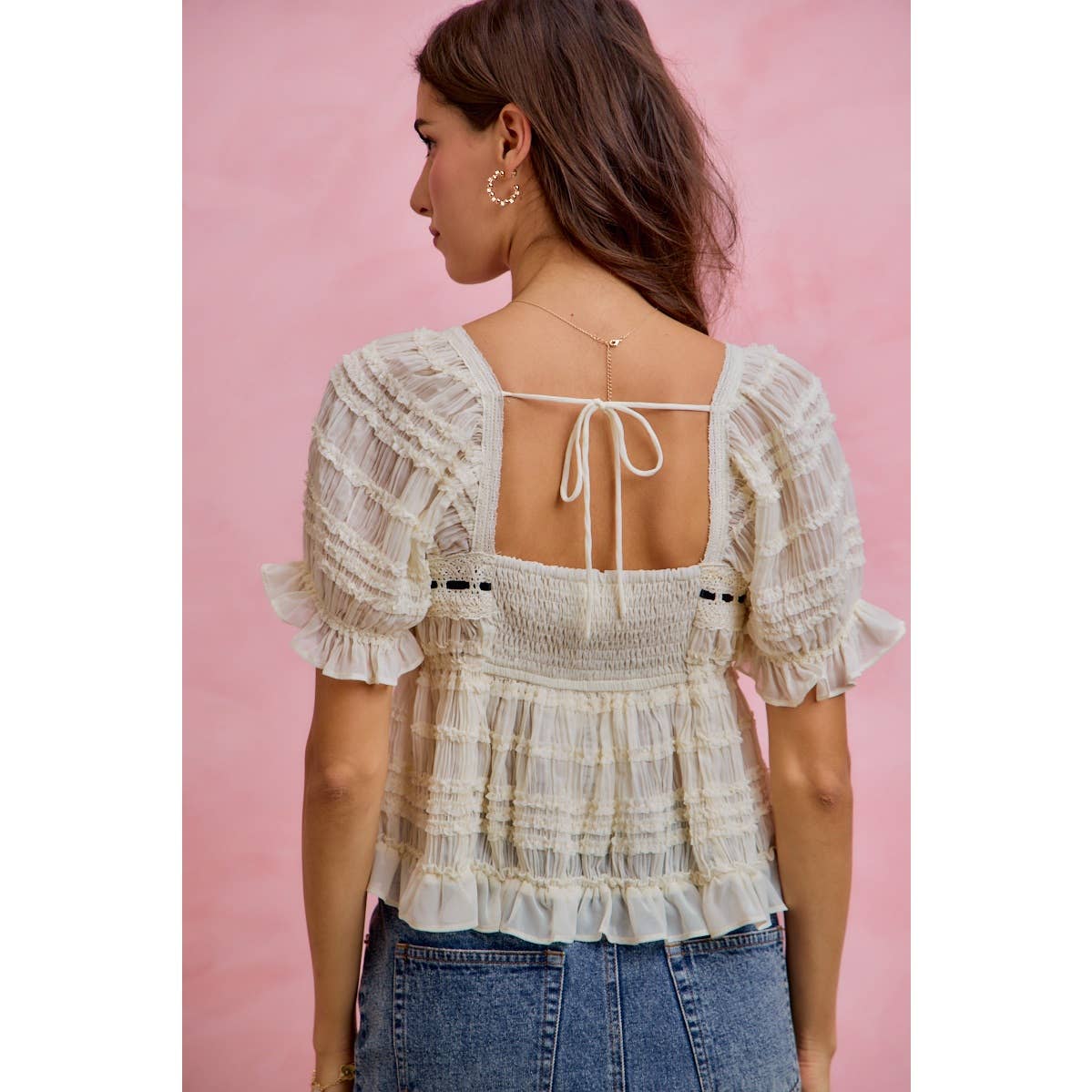 SHIRRED LACE RUFFLE PUFF SLEEVE BLOUSE TOP